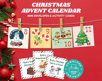 Calendario de Adviento con sobres navideños, mini sobres imprimibles y tarjetas de actividades, cuenta atrás navideña para niños, tarjetas de actividades del calendario de Adviento
