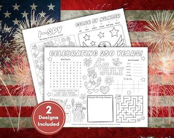 4th of July Activity Placemat for Kids, Printable Fourth of July Coloring Placemat, Printable America Coloring Activity for Kids