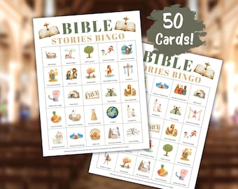Bible Stories Bingo, Printable 50 Unique Bingo Cards, Church Icebreaker Activity, Sunday School Activity, Bible Games, Bible Bingo