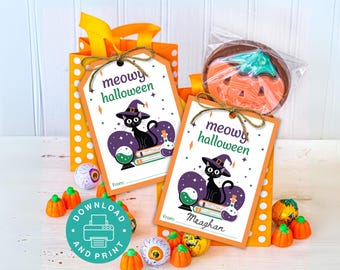 Etiqueta de regalo de Halloween, etiqueta imprimible de regalo de Halloween, etiqueta de regalo de Halloween de gato negro, etiquetas de regalo de truco o trato, regalo de fiesta de Halloween