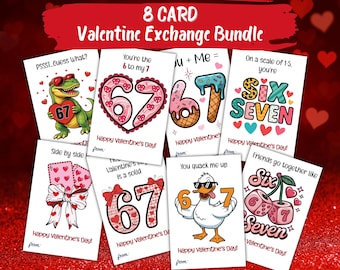 6 7 Valentine Cards, Classroom Exchange Cards, Six Seven Class Valentines, Valentine's Day Cards for Kids, Printable School Valentine Cards