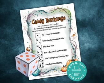 Juego de dados de caramelos, Juego de dados de intercambio de caramelos de Halloween, Actividad imprimible de Halloween para el aula, Juego para fiestas de oficina, Juego para fiestas de Halloween para niños