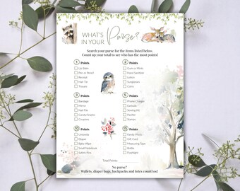 What's in Your Purse Game, Woodland Animal Baby Shower Game, Printable Baby Shower Icebreaker Activity, Bridal Shower Activity