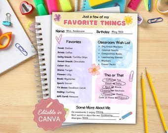 Editable Teacher Favorite Things List, Teacher Favorites, Teacher Questionnaire, My Favorite Things, First Day of School, Teacher Wish List
