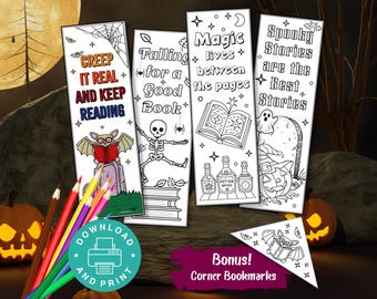 Halloween Coloring Bookmarks for Kids, Printable Reading Activity, Halloween Activity, Printable Bookmarks, Classroom Party Favor, Book Club