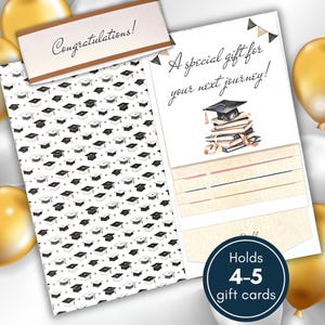 May include: Graduation-themed gift card holder with a black and white mortarboard pattern. The card holder has a message that reads "Congratulations!" and "A special gift for your next journey!" The holder can hold 4-5 gift cards. Gold and white balloons are in the background.