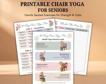 Yoga en silla de 30 días para personas mayores, Guía de ejercicios en silla, Reto imprimible de entrenamiento en silla, Plan de entrenamiento en casa para personas mayores, Ejercicios para la movilidad