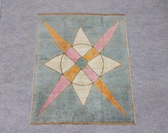 2x3 Vintage Turkish Rug, Blue Oushak Tribal   Handmade Wool Anatolian Boho Entryway Rugs,