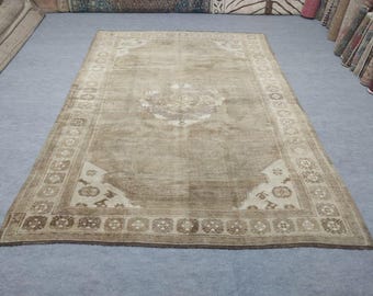 Vintage Turkish Oushak Rug 7 x10: Handwoven Wool Anatolian Carpet,