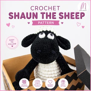 May include: A crocheted Shaun the Sheep pattern, with the text "CROCHET SHAUN THE SHEEP PATTERN". The black and white sheep is inside a brown box. The image also includes icons for detailed instructions, step-by-step photos, beginner-friendly, and perfect gift idea.