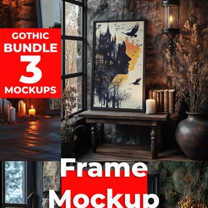 3 Gothic decor, horror frames, witchy frames, mockup bundle, vertical frames mockup, haunted frame, moody art frames