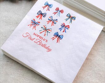 Custom Patriotic Bow Independence Day Napkins, Red, White And Blue Bows Fourth Of July Birthday Napkins, Custom Birthday Napkins