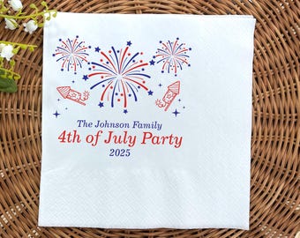 Personalized Red, White & Blue Fireworks 4Th Of July Party Napkins, Fourth Of July Napkins, Independence Day Napkins