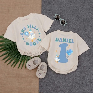 Custom One Boy Silly Goose T-shirt Baby Romper, Silly Goose Birthday Clothes, 1st Birthday Silly Goose Bodysuit, Short Sleeve Bubble Romper