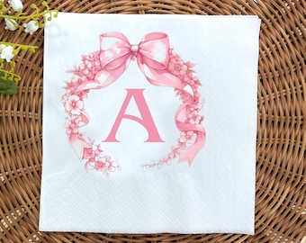 Personalized Bridal Shower Napkins, Custom Initial Coquette Bachelorette Napkins, Pink Bow Baby Shower Napkins, Custom Napkins