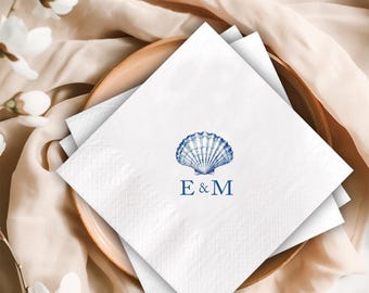 Personalized Coastal Beach Seashell Napkins, Custom Initial Wedding Napkins, Custom Monogrammed Wedding Party Napkins, Paper Napkins
