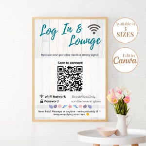 Plantilla de Canva editable para señal de WiFi de Airbnb / Iniciar sesión y sala de estar / Imprimible en A4, Carta de EE. UU., 8x10 / Señal de contraseña de internet para invitados