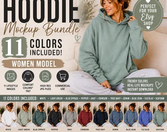 Comfort Colors 1567 Hoodie Mockup Bundle Women Model | 11 Hoodie Colors | Lifestyle Mockups for Etsy Sellers | Canva JPG Mockup Set