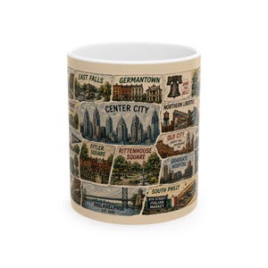 May include: A beige ceramic mug featuring a collage of vintage-style illustrations of Philadelphia landmarks. The mug includes text such as "Center City", "Philadelphia", and "9th Street Italian Market".
