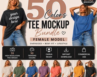 Female Model Comfort Colors 1717 Mockup Bundle: Trendy Oversized Boxy Fit, Realistic Feminine Women CC1717 Mock Up,  Popular Streetwear
