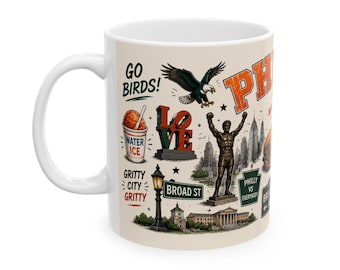 Philadelphia Mug Philly Icons Coffee Mug Go Birds Mug Philadelphia Gifts Liberty Bell Cheesesteak Water Ice Mug 11oz 15oz White Mug