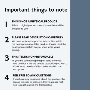 May include: A white background with black text outlining important things to note when purchasing a digital product. The text includes: This is not a physical product, Please read description carefully, This item is non-refundable, and Feel free to ask questions.