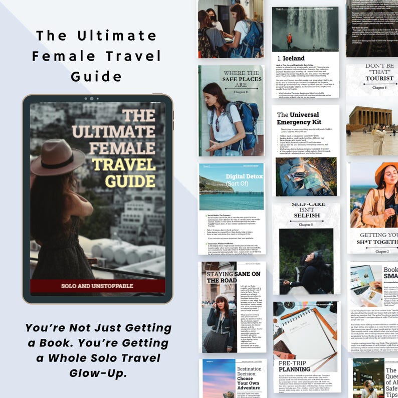 May include: A digital guidebook cover with the title "The Ultimate Female Travel Guide" in bold white text. The cover features a woman wearing a brown hat and a black dress, looking out over a city skyline. The text "Solo and Unstoppable" is at the bottom of the cover.