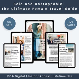 May include: A digital guide for solo female travelers, with a cover image showing a woman in a brick alleyway. The guide includes chapters on safety, planning, and building a travel community. It is 109 pages long and available for instant digital download.