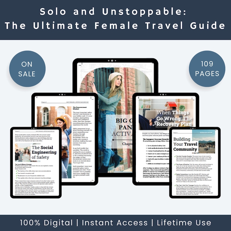 May include: A digital guide for solo female travelers, with a cover image showing a woman in a brick alleyway. The guide includes chapters on safety, planning, and building a travel community. It is 109 pages long and available for instant digital download.