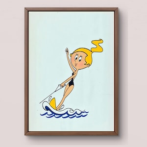 Vintage Water Skiing Girl | Retro Cartoon Art Digital Download | Multiple Sizes Print | Summer Lake House Wall Decor | 1960s Style