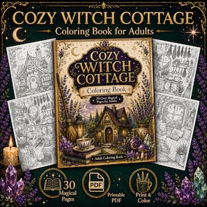 Peut inclure: Un livre de coloriage pour adultes 'Cozy Witch Cottage' avec 30 pages magiques. La couverture présente une illustration détaillée d'un cottage, d'une tasse à thé et d'un balai. Des pages supplémentaires avec des dessins au trait sont visibles.