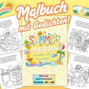 Könnte beinhalten: Ein farbenfrohes Malbuch zum Thema Sommer mit Gedichten für Kinder und Erwachsene. Das Cover zeigt eine Ananas, einen Strandstuhl und ein Surfbrett. Das Buch ist in den Formaten A5 und A4 erhältlich.
