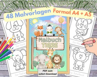 Pode incluir: Um conjunto de páginas para colorir com tema de animais com o texto "48 Malvorlagen Format A4 + A5". A capa apresenta um letreiro que diz "Malbuch TIERE" com ilustrações de animais. As páginas incluem contornos de um cão, elefante, rato e ovelha.