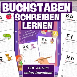 Könnte beinhalten: Ausdruckbare Arbeitsblätter zum Schreibenlernen des Alphabets. Jede Seite zeigt einen Buchstaben mit einem passenden Bild, wie einen Apfel für 'A' und eine Blume für 'B'. Die Arbeitsblätter sind zum Nachzeichnen und Üben der Buchstabenform gedacht. Der Text auf dem Bild lautet "BUCHSTABEN SCHREIBEN LERNEN".