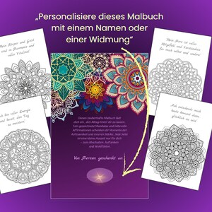 May include: A purple background with a central image of a mandala coloring book. The book is surrounded by pages with mandala designs and German text. The text on the book cover reads, "Personalize this coloring book with a name or a dedication."