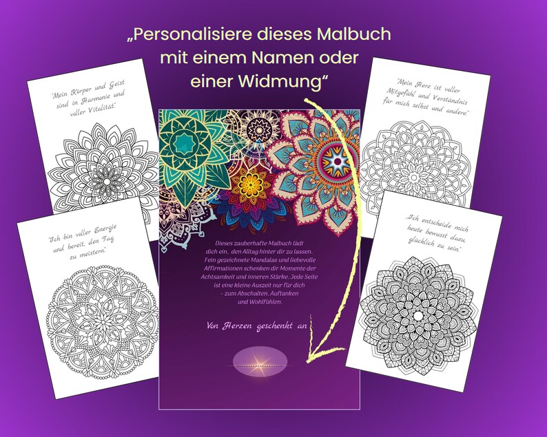 May include: A purple background with a central image of a mandala coloring book. The book is surrounded by pages with mandala designs and German text. The text on the book cover reads, "Personalize this coloring book with a name or a dedication."