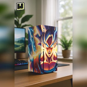 May include: A custom Xbox Series X console skin with a colourful illustration of a character with spiky yellow hair and blue eyes, set against a backdrop of yellow and blue energy. The console is on a wooden desk.