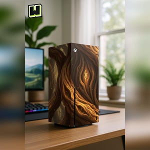 Puede incluir: Una consola Xbox Series X con una piel personalizada que presenta un tronco de árbol detallado en tonos cálidos de marrón y dorado. El diseño envuelve la consola, creando una estética inspirada en la naturaleza. La consola está sobre un escritorio de madera.