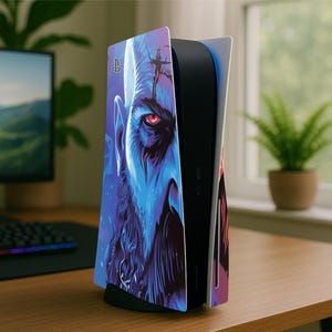 May include: A black and white PlayStation 5 console with a custom faceplate featuring a blue and purple illustration of a character with a red eye. The console is on a wooden surface.