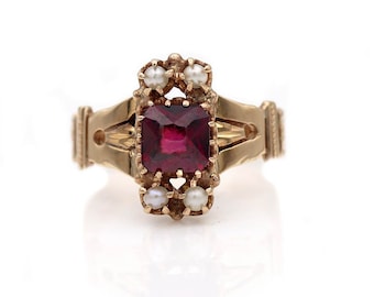 Victorian Engagement Ring .60ct Cabochon Garnet & Seed Pearls – 1900s 10K Rose Gold – Antique Garnet Ring with Filigree