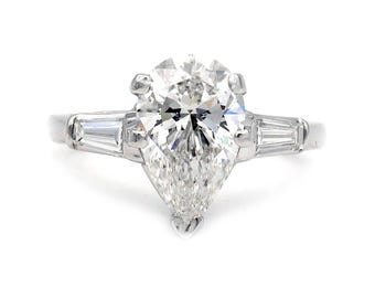 Vintage Pear Shape Engagement Ring 2.51 Ct Lab Grown Pear Shape Three Stone Diamond Engagement Ring | IGI E/VS1