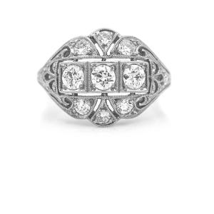 Edwardian 1.00 CTW Drei Stein Old Mine Cut Diamant Platin antiker Verlobungsring