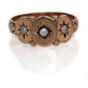 Victorian Engagement Ring – Seed Pearls in 10K Rose Gold with Starburst Filigree, Late 1800s Antique