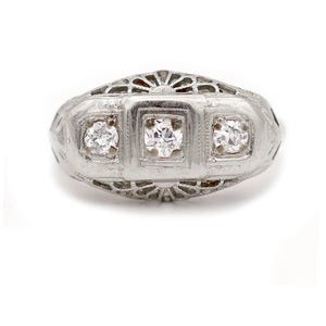 Art Deco Three Stone Ring .28ctw Old Euro Cut Diamonds H SI1 – 18K White Gold – Antique Milgrain Openwork Vintage Band