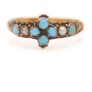 Anillo de compromiso victoriano de turquesa y perla en oro rosa amarillo de 15 quilates. Anillo de compromiso antiguo con piedras preciosas y piedra natal de diciembre.