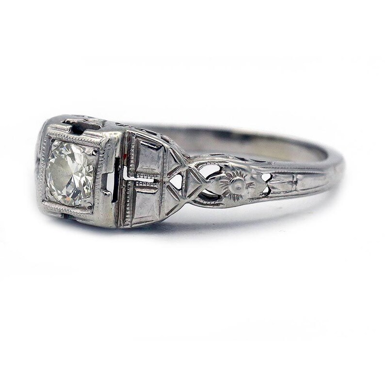 Vintage Antique Art Deco Diamond Engagement Ring in 14K White Gold | Solitaire European Cut Diamond Stacking Ring image 3