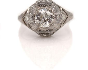 Antique Engagement Ring Diamond Engagement Ring .90cttw GIA European Cut Diamond Art Deco Ring Engagement Ring Woman's Wedding Ring Platinum