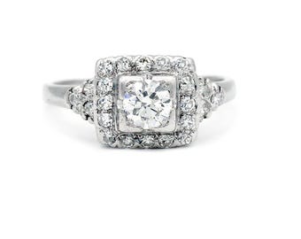 Vintage Halo Engagement Ring GIA Diamond 1.34ctw Round Vintage Halo Engagement Ring 14k White Gold