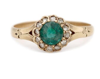 Anello di fidanzamento vittoriano con granato verde e diamanti taglio rosa a pavé, in oro rosa 10 carati.