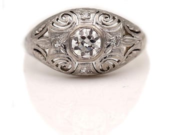 Edwardian Engagement Ring | Antique Engagement Ring with European Cut Diamond in Platinum Art Deco Setting